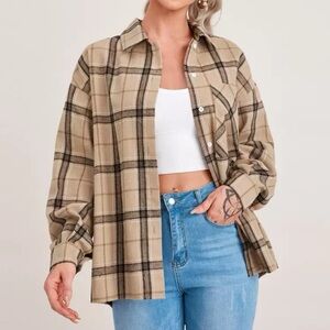 Brown & Tan Plaid Flannel Button Down Shirt | Oversized Casual Top | Size M